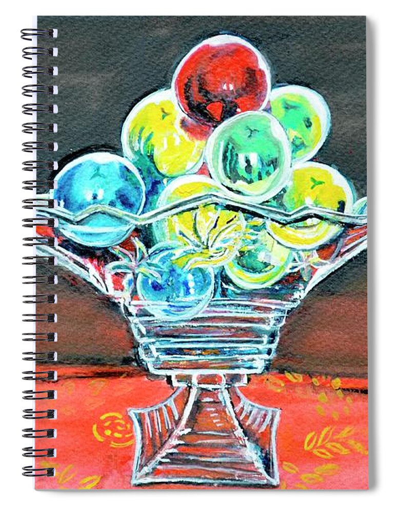 Stilllife Spiral Notebook featuring the painting Still life christmas baubles in glass vase by Manjiri Kanvinde