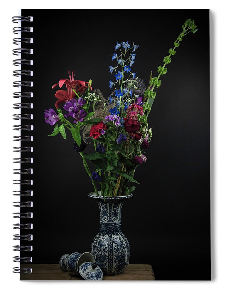 Still Life Spiral Notebook featuring the digital art Still life Delft blue flowers in a vase by Marjolein Van Middelkoop