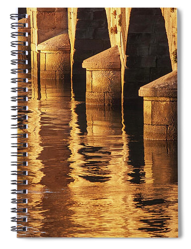 Rocks Spiral Notebook featuring the photograph Stone Medieval Viaduct Reflected at Sunset Golden Light Pondedeume Galicia by Pablo Avanzini
