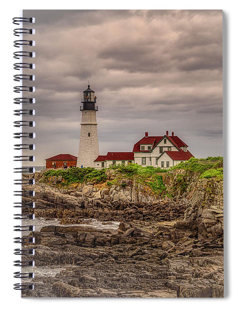 Portland Head Light Spiral Notebook featuring the photograph Stormy Skies at Portland Head Light by Penny Polakoff