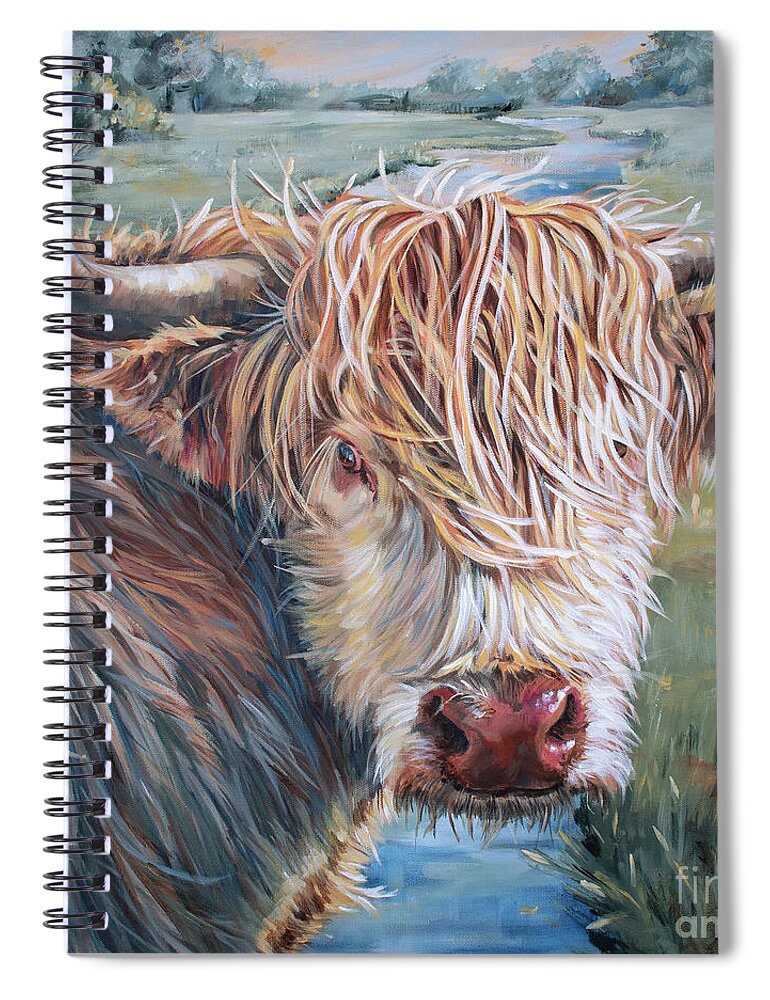 Cow Spiral Notebook featuring the painting Stray Hair - Highland Cow Painting by Annie Troe