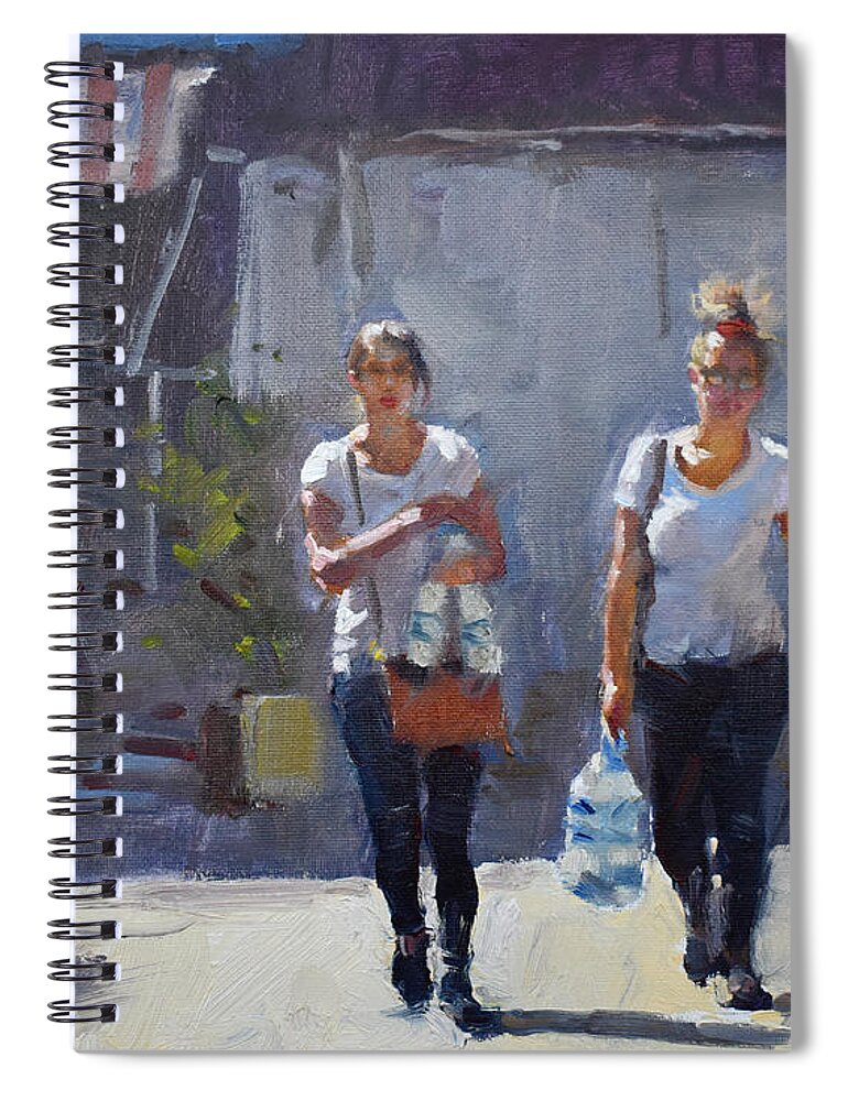 Street Scene Spiral Notebook featuring the painting Street Scene in Elbasan City by Ylli Haruni