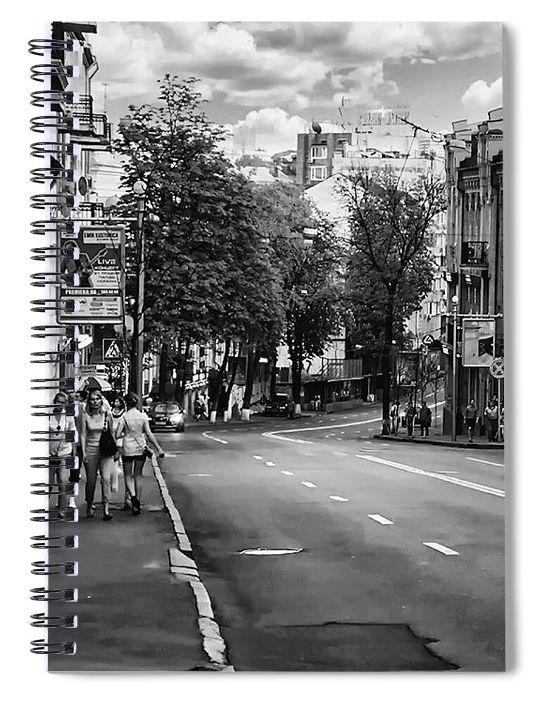 Kyiv Spiral Notebook featuring the photograph Streets of Kiev I BW by Scott Olsen