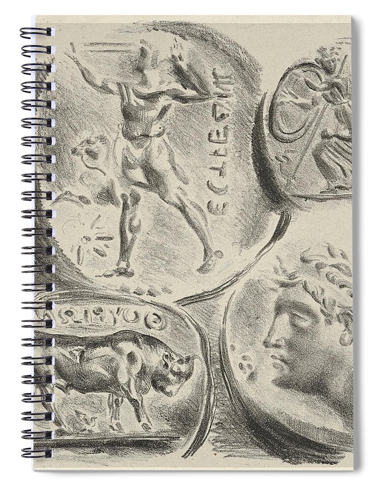 Eugene Delacroix Spiral Notebook featuring the drawing Studies of Four Greek Coins by Eugene Delacroix