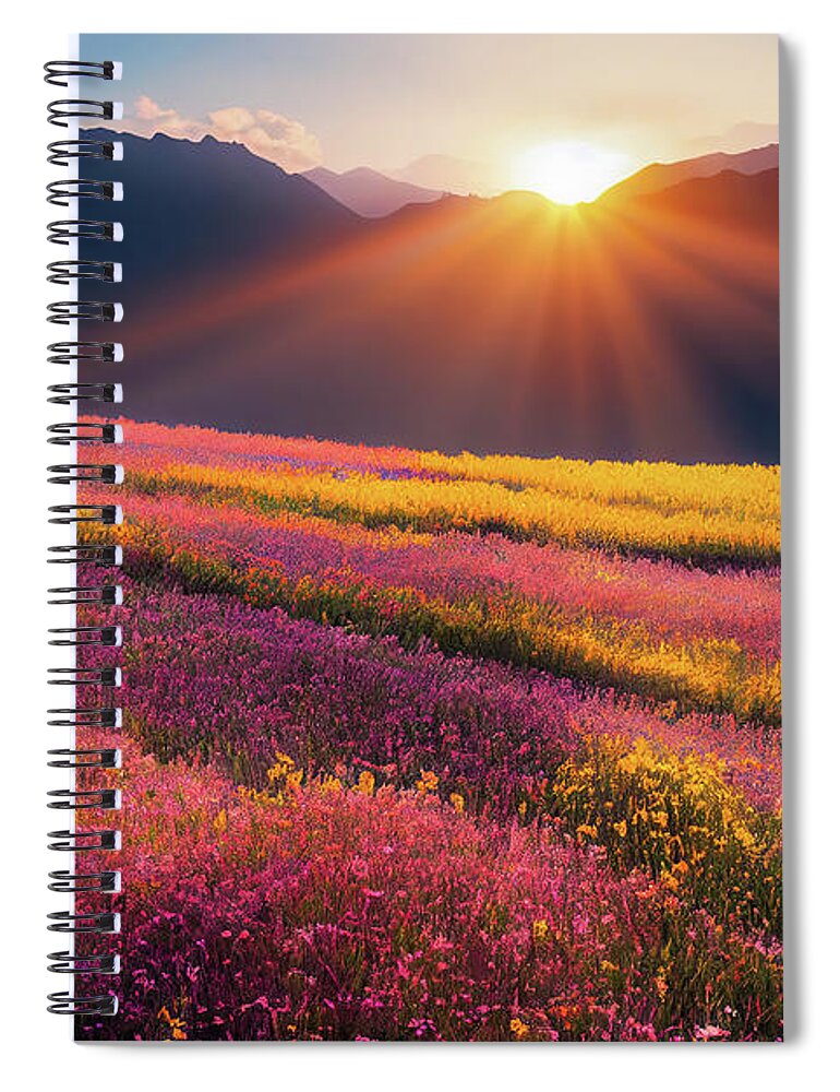 Landscape Spiral Notebook featuring the digital art Stunning Landscape 01 Flower Field Sunrise by Matthias Hauser
