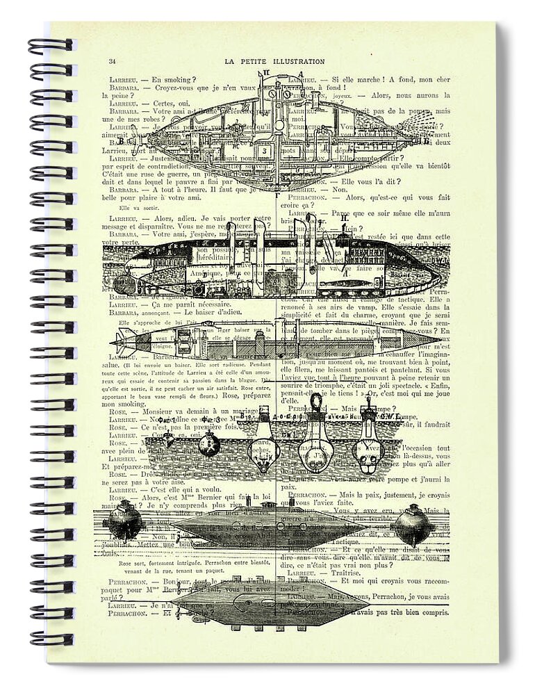 Submarine diagram on antique French book page Spiral Notebook by