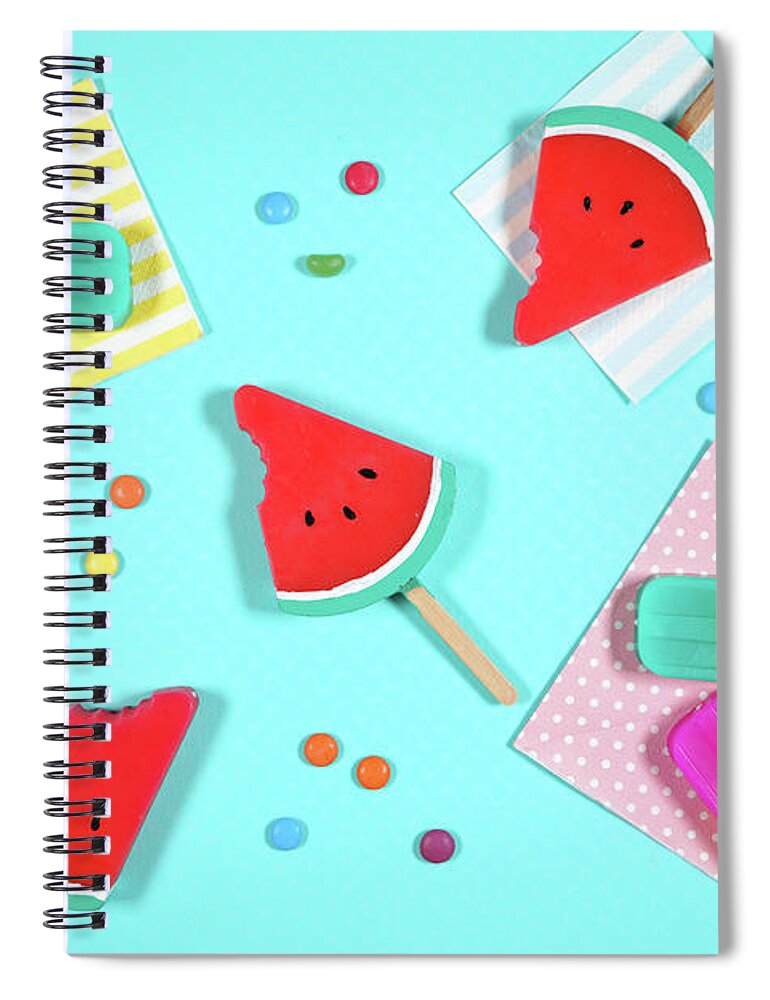 Summer Spiral Notebook featuring the photograph Summer beach vacation theme flatlay styled with watermelon and ice creams by Milleflore Images