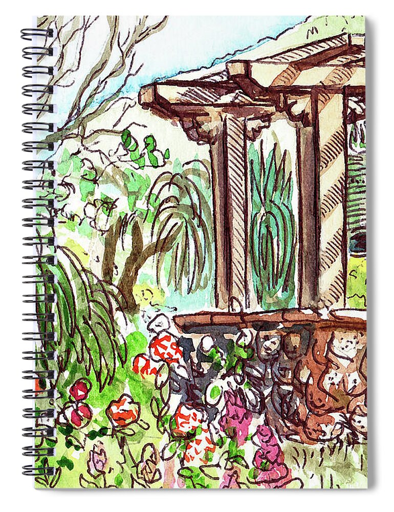 Garden Spiral Notebook featuring the painting Summer Garden With Gazebo And Bells Watercolor by Irina Sztukowski