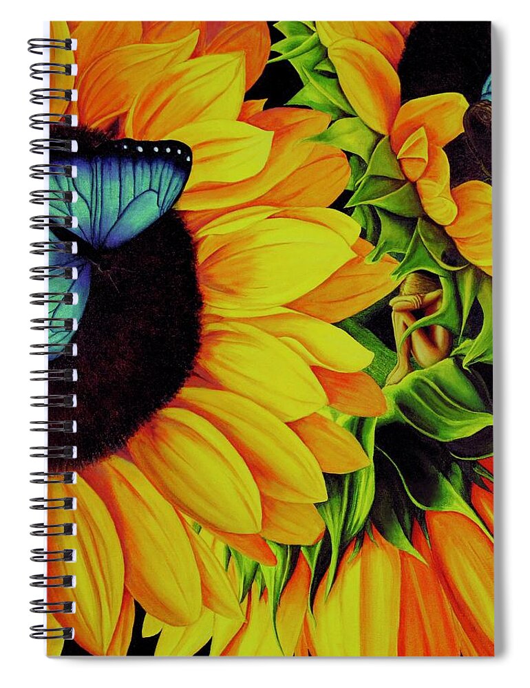 Kim Mcclinton Spiral Notebook featuring the painting Blue Morpho Sunflower Dream by Kim McClinton