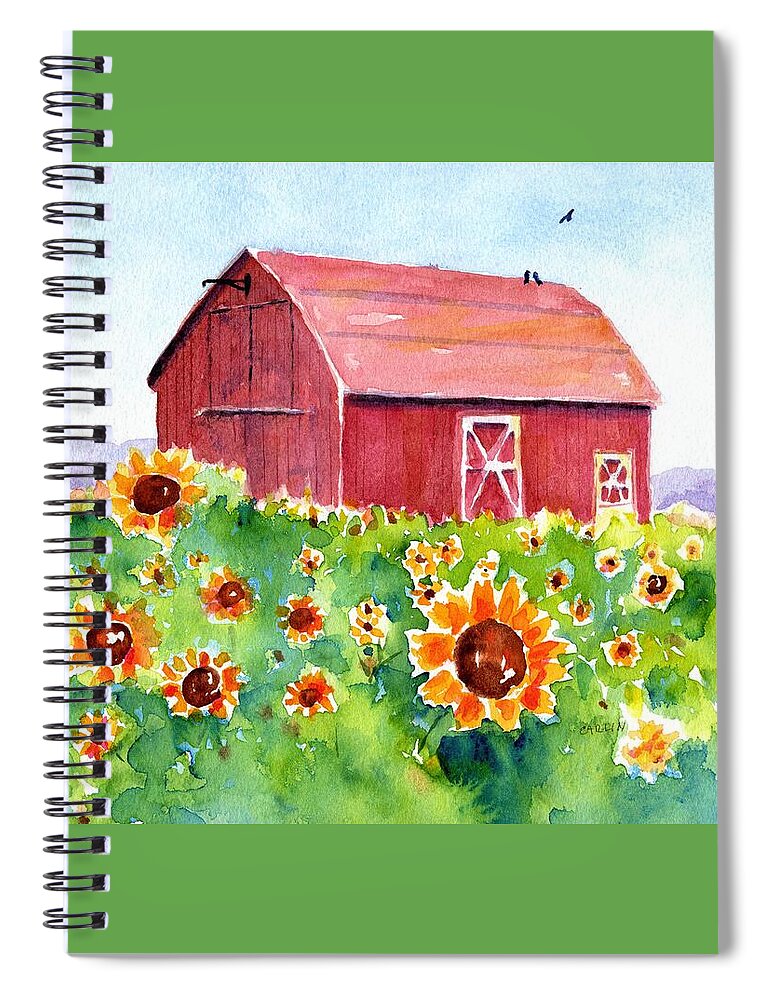 Red Barn Spiral Notebook featuring the painting Sunflower Field and Barn by Carlin Blahnik CarlinArtWatercolor