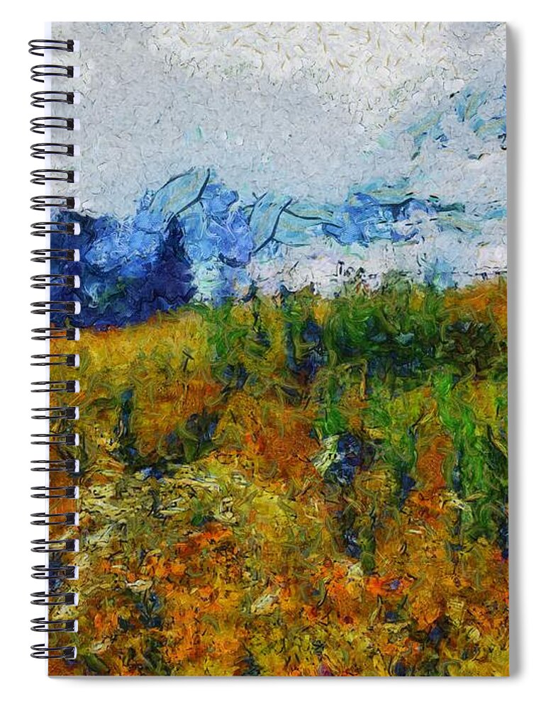 Sunflower Spiral Notebook featuring the mixed media Sunflower Hill by Christopher Reed
