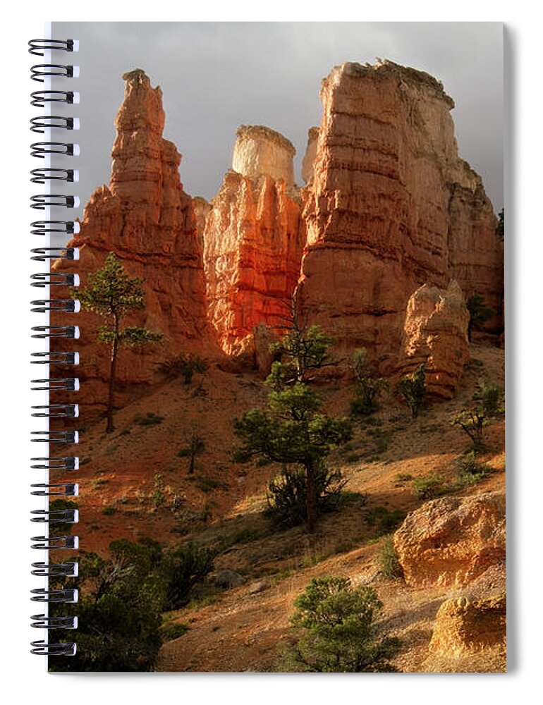 Pink Spiral Notebook featuring the photograph Sunlight on the Hoodos by Lucinda Walter