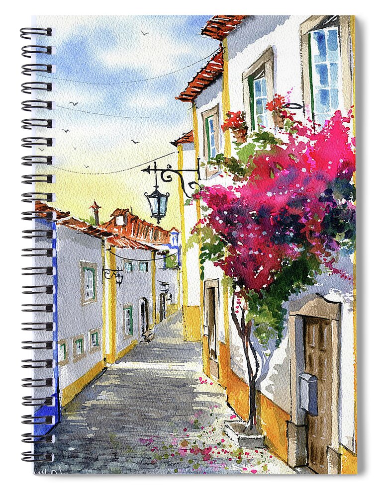 Portugal Spiral Notebook featuring the painting Sunny Day In Obidos Portugal Painting by Dora Hathazi Mendes