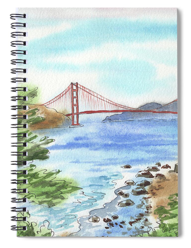 Golden Gate Spiral Notebook featuring the painting Sunny Day In San Francisco Bay Golden Gate Bridge Watercolor by Irina Sztukowski