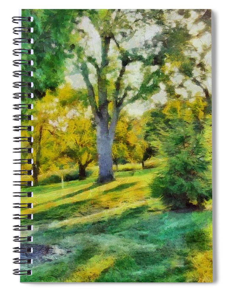 Sunny Spiral Notebook featuring the mixed media Sunny Yard by Christopher Reed