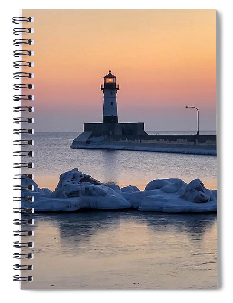  Lake Superior Spiral Notebook featuring the photograph Sunrise at North Pier Lighthouse by Susan Rydberg