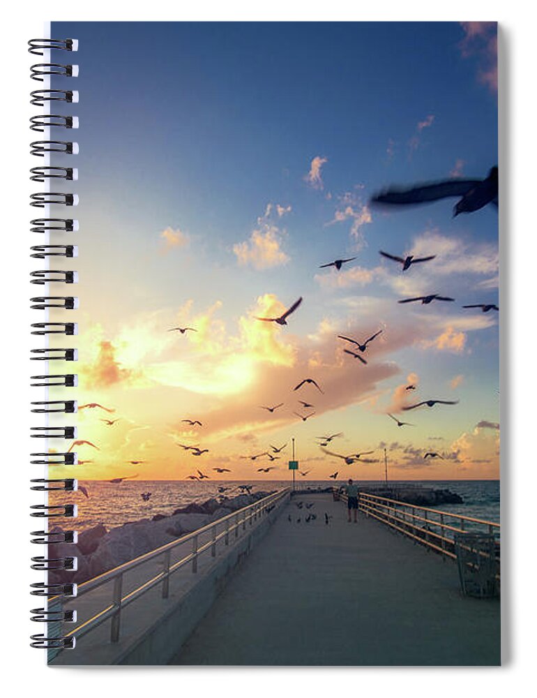 Captain Kimo Spiral Notebook featuring the photograph Sunrise Jupiter Inlet Pigeons Over the Jetty by Kim Seng