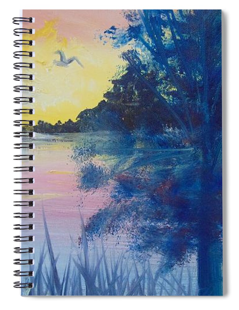 Fisherman Spiral Notebook featuring the painting Sunrise on the Lake by Saundra Johnson