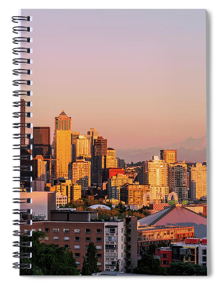 Outdoor; Sunset; Seattle; Downtown; Space Needle; Mt Rainier; Lenticular Cloud; Colors; Summer; Washington Beauty Spiral Notebook featuring the digital art Sunrise Seattle From Kerry Park by Michael Lee