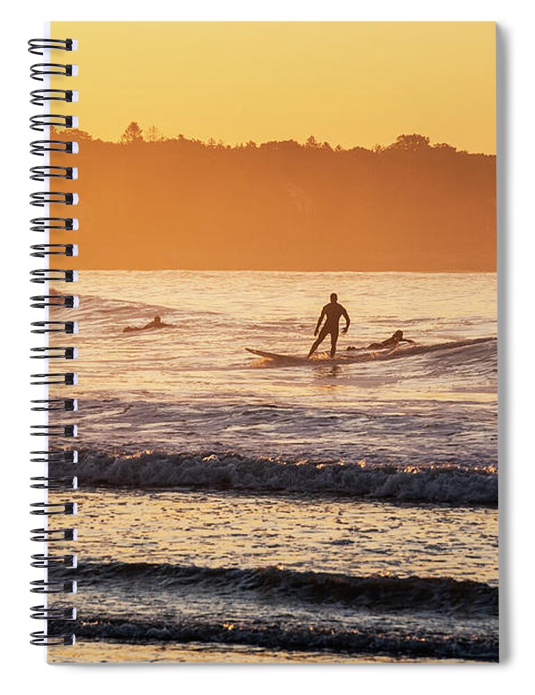 Kennebunk Spiral Notebook featuring the photograph Sunrise Surfer Gooch's Beach Kennebunk Maine New England Golden Sun by Toby McGuire