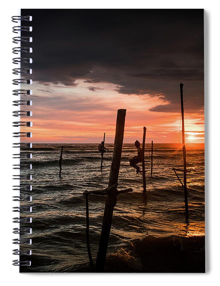 Fisherman Spiral Notebook featuring the photograph Sunset and Stilt Fishermen by Arj Munoz