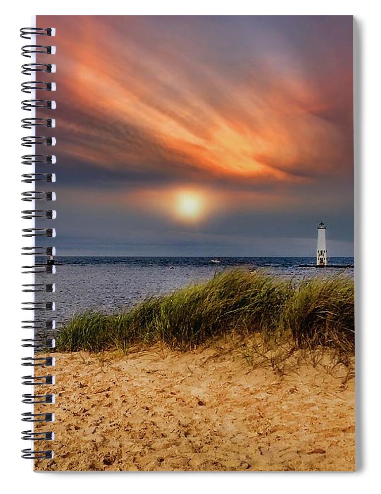 Northernmichigan Spiral Notebook featuring the photograph Sunset at Betsie Harbor Entrance IMG_3653 by Michael Thomas