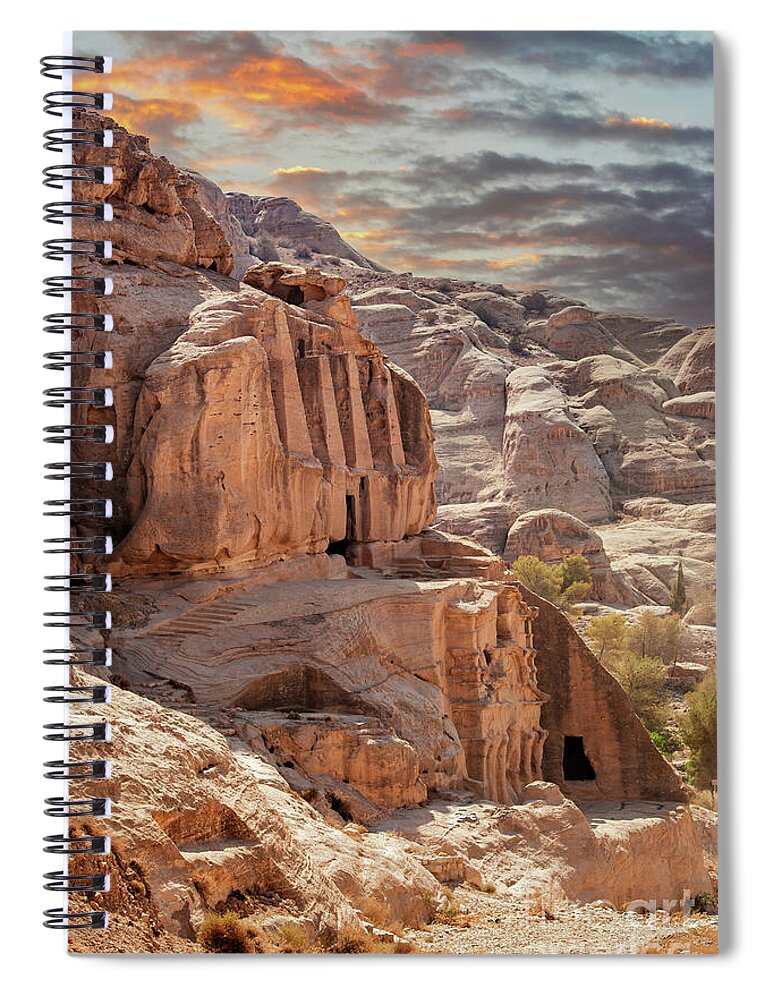Petra Spiral Notebook featuring the photograph Sunset at the lost city of Petra, Jordan. Amazing buildings are carved out of the pink rock and the Rose City dates to around 300 BC by Jane Rix
