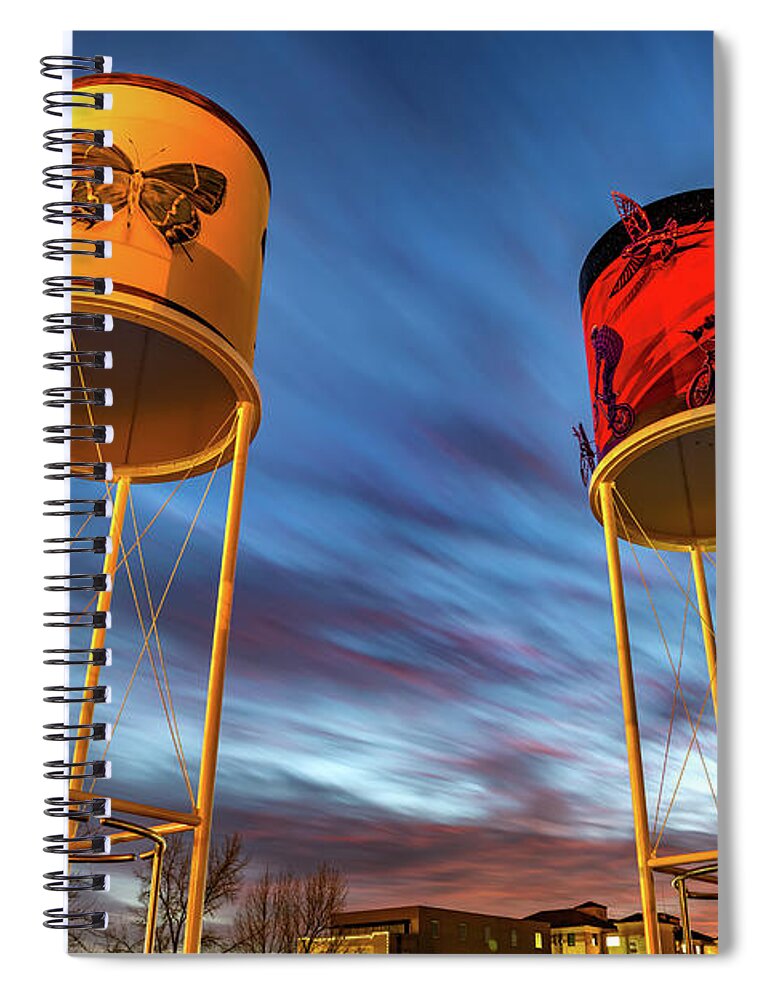 America Spiral Notebook featuring the photograph Sunset At The Railyard Park Water Towers - Rogers Arkansas by Gregory Ballos
