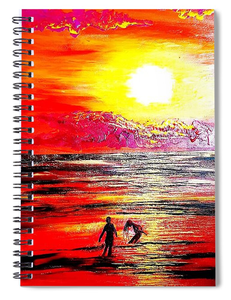 Children Spiral Notebook featuring the painting Sunset burning into a sea in a flushed, golden hue - Acrylic by Eli Gross
