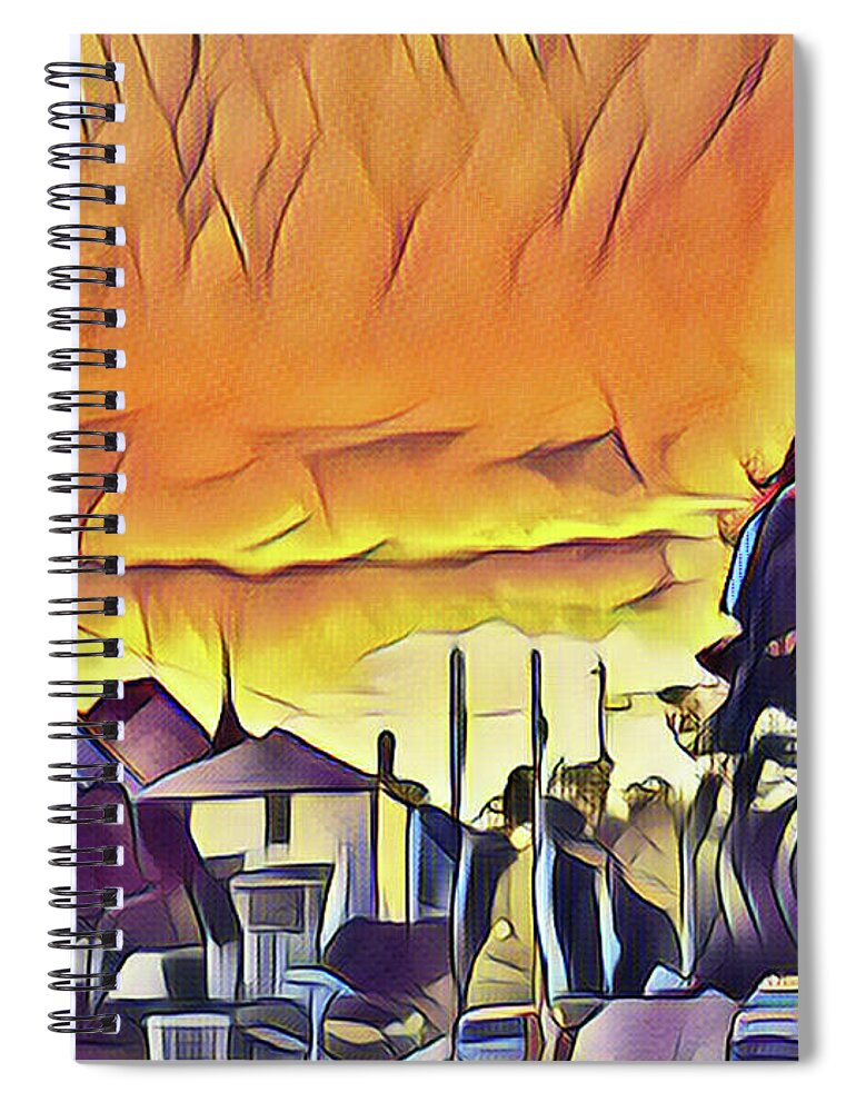 Sunset Spiral Notebook featuring the mixed media Sunset Down the Block by Christopher Reed