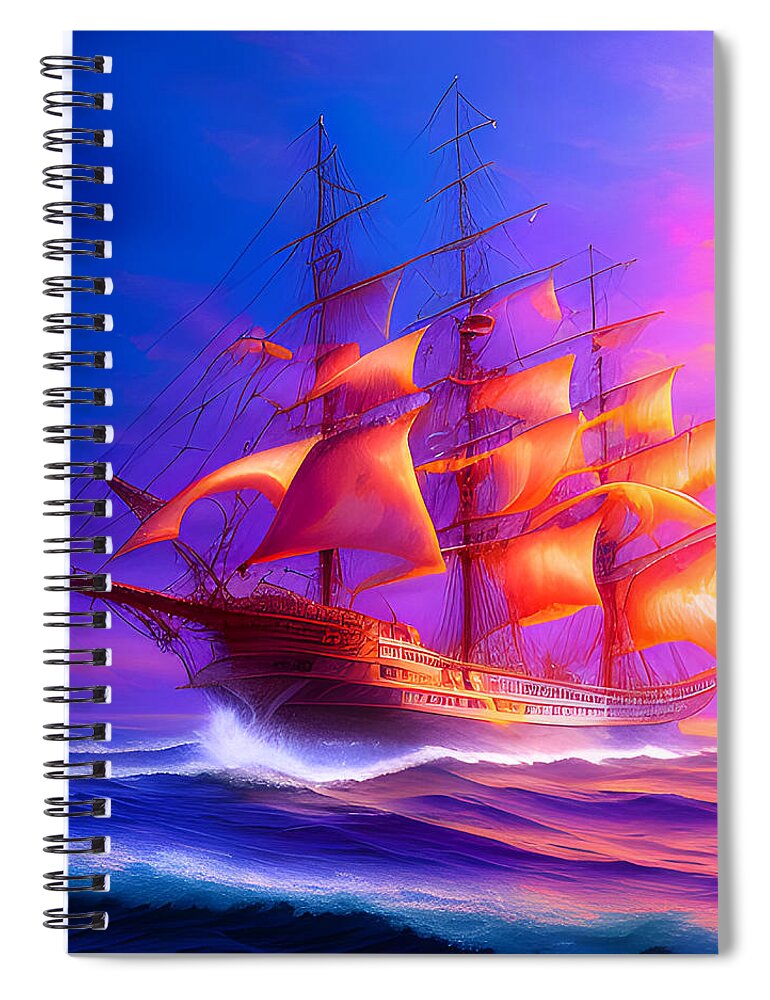 Ghost Ship Spiral Notebook featuring the digital art Sunset Ghost Ship by Lisa Pearlman