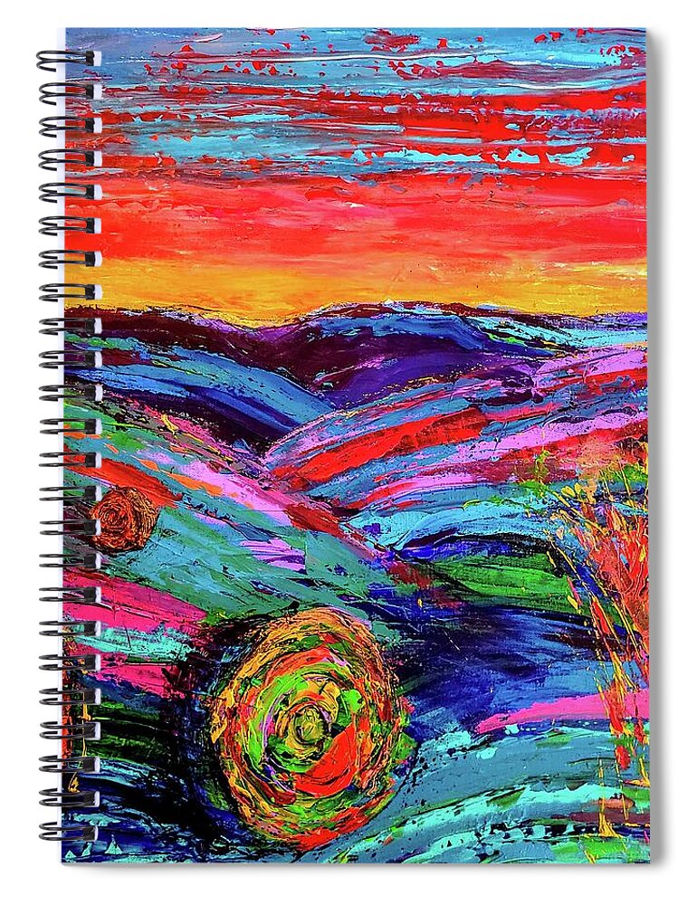 Colorful Spiral Notebook featuring the painting Sunset Hay Bales by Kiki Curtis