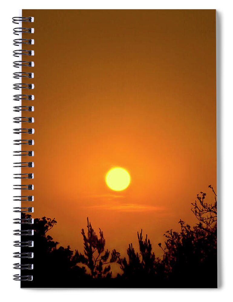 Sunset Sun Setting Red Orange Vivid Yellow Impressive Stylish Silhouette Japanese Style Trees Bushes Sky Symmetrical Symmetry Equilateral Equilibrium Harmonious Stunning Tranquil Dawn Sunrise Beautiful Delightful Magnificent Landscape Bright Vibrant Delicate Serene Alone Solitary Scenic Decor Decorative Hot Irradiation Irradiate Minimal Minimalist Minimalism Mindfulness Nature Abstract Art Artistic Picturesque Mind-blowing Effective Colorful Painterly Painting Silhouettes Atmospheric Aesthetic Spiral Notebook featuring the photograph Hot Color Symphony - Sunset In Japanese Style by Tatiana Bogracheva