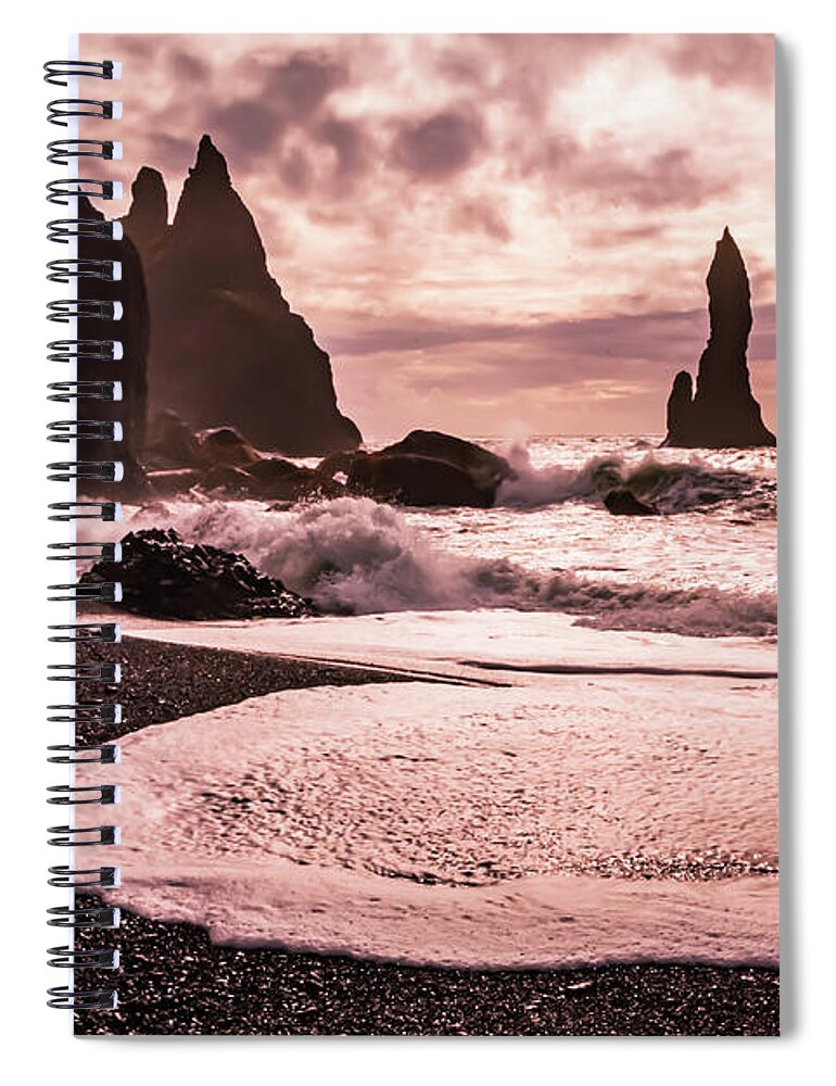 Reynisfjara Spiral Notebook featuring the photograph Sunset on the Reynisfjara black sand beach, Iceland by Lyl Dil Creations