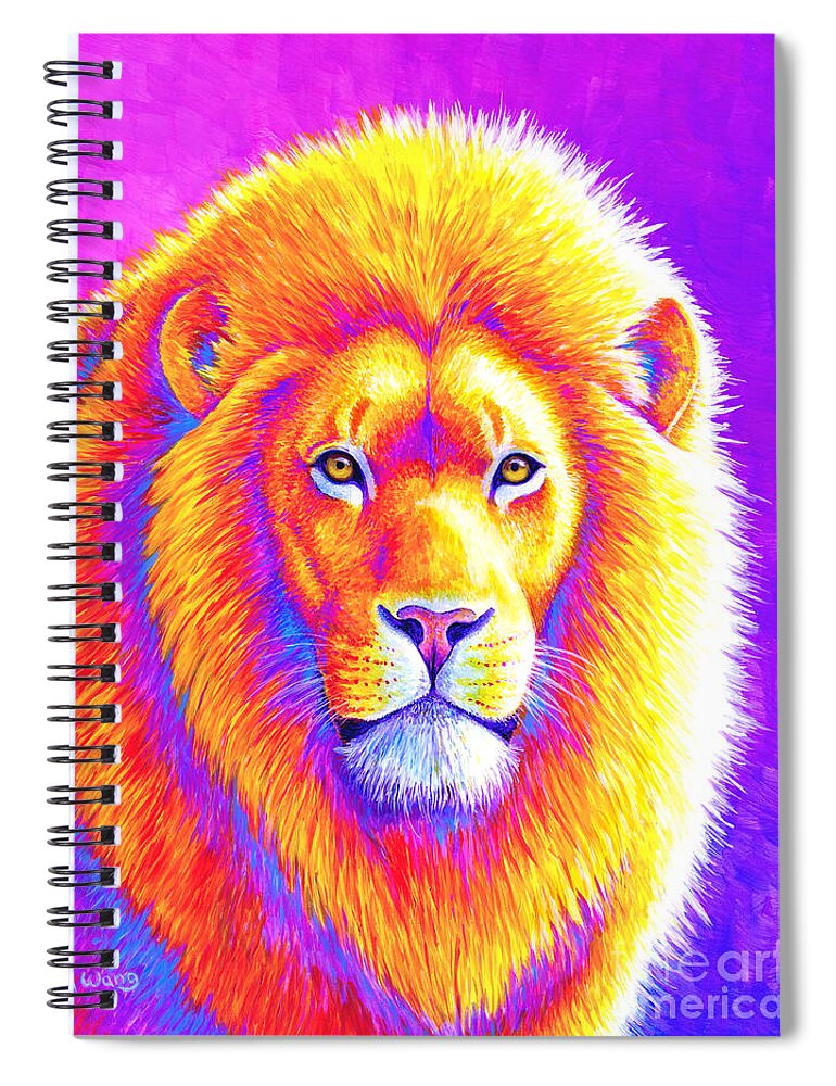 Lion Spiral Notebook featuring the painting Sunset on the Savanna - African Lion by Rebecca Wang