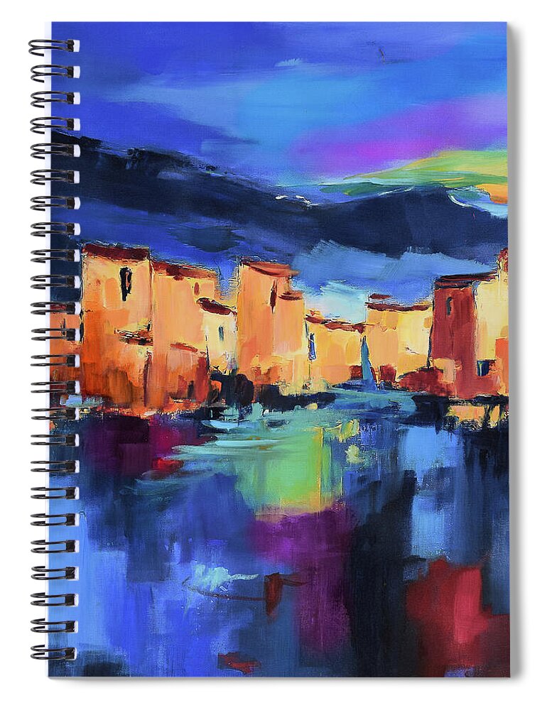 Cinque Terre Spiral Notebook featuring the painting Sunset Over the Village by Elise Palmigiani