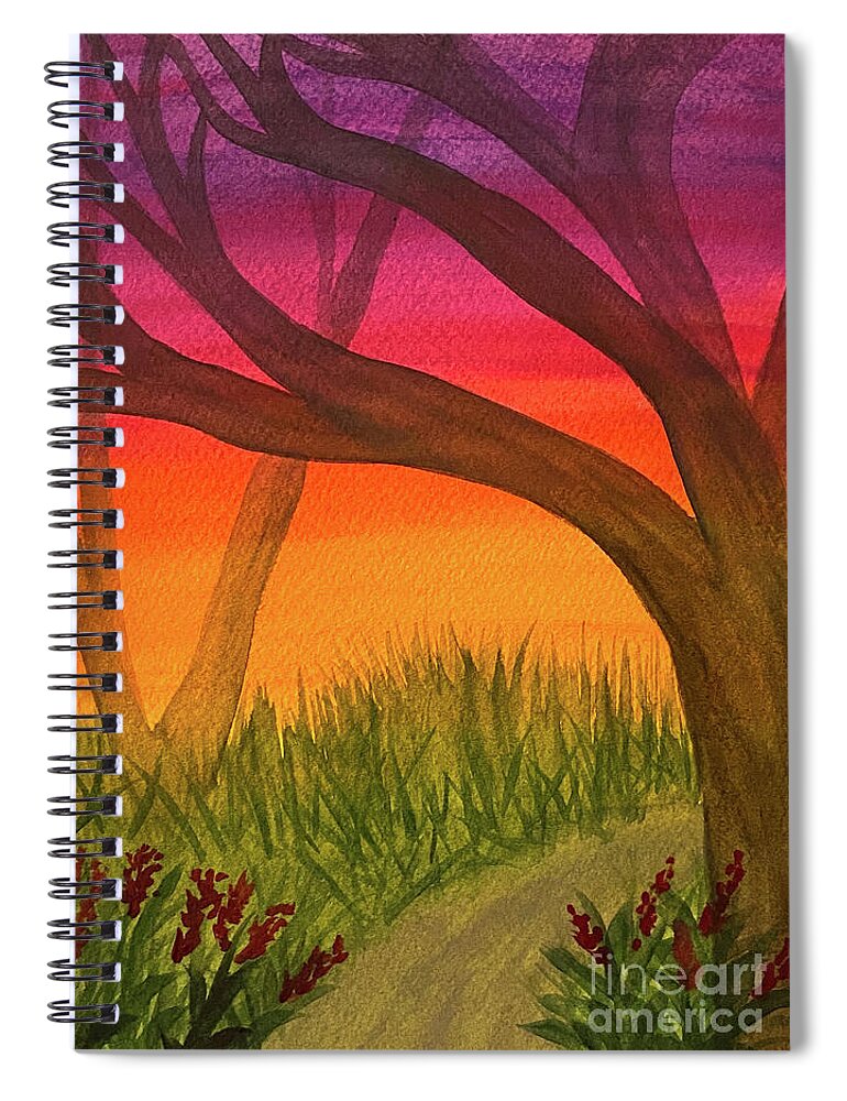 Sunset Spiral Notebook featuring the mixed media Sunset Path and Trees by Lisa Neuman