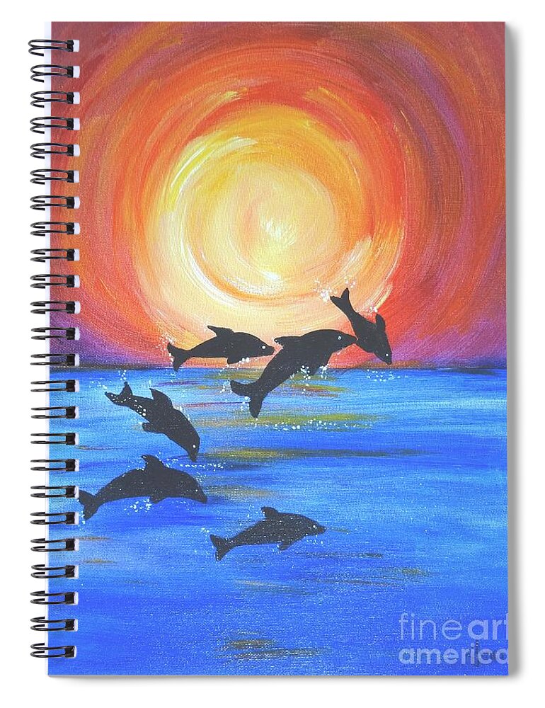 Dolphins Spiral Notebook featuring the painting Sunset Solace by Karen Jane Jones