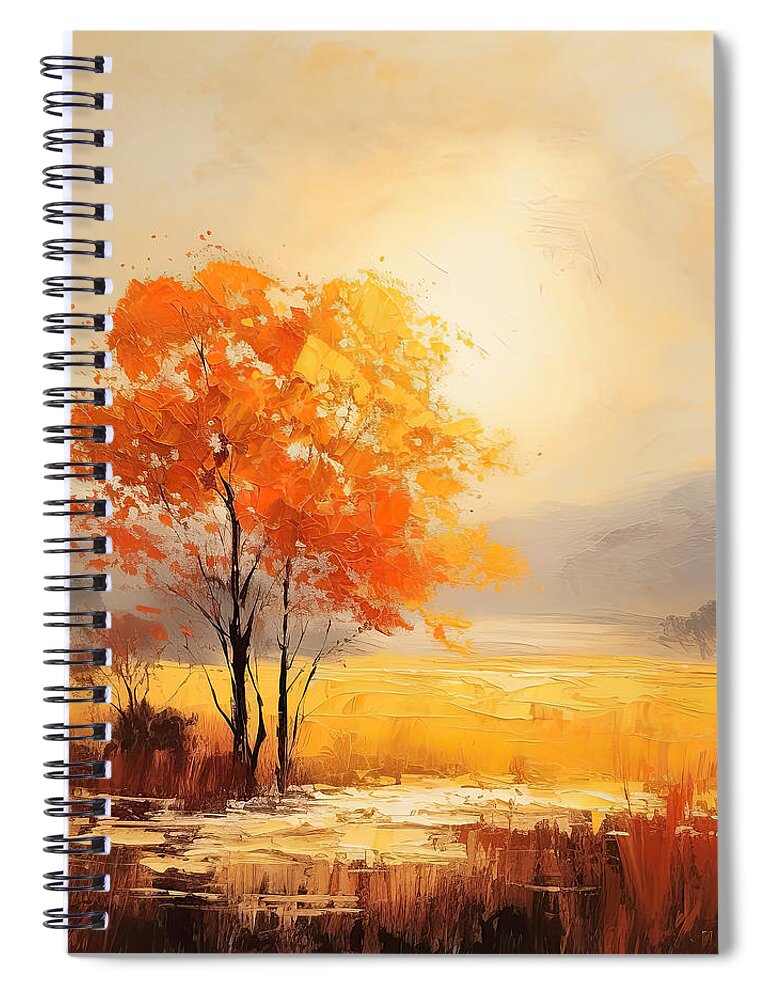 Gray And Red Art Spiral Notebook featuring the painting Sunset's Embrace - Autumn Artwork - Autumn Impressionism by Lourry Legarde