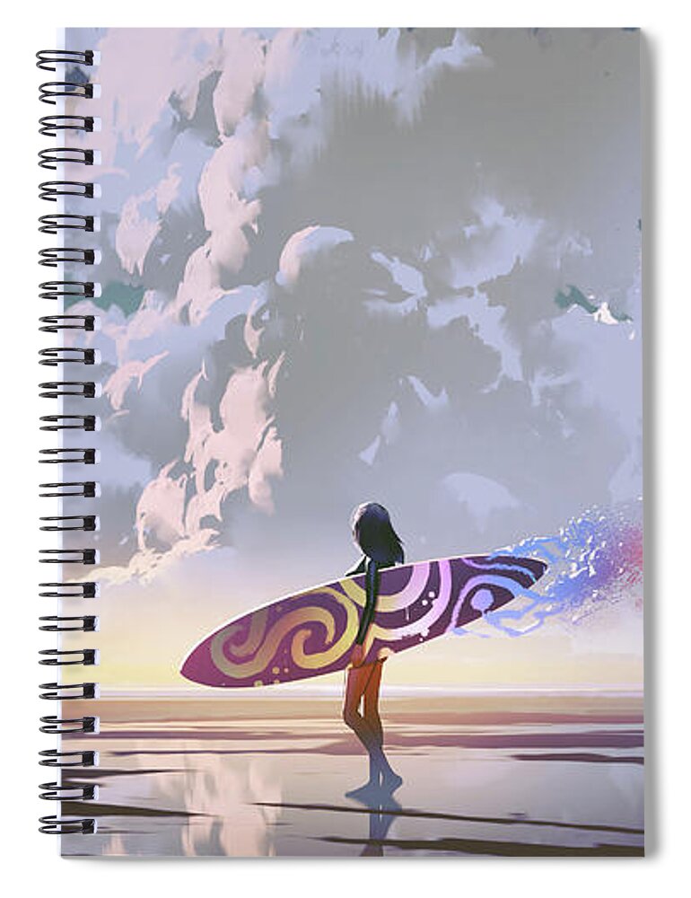 Illustration Spiral Notebook featuring the painting Surfer girl with magic surfboard by Tithi Luadthong