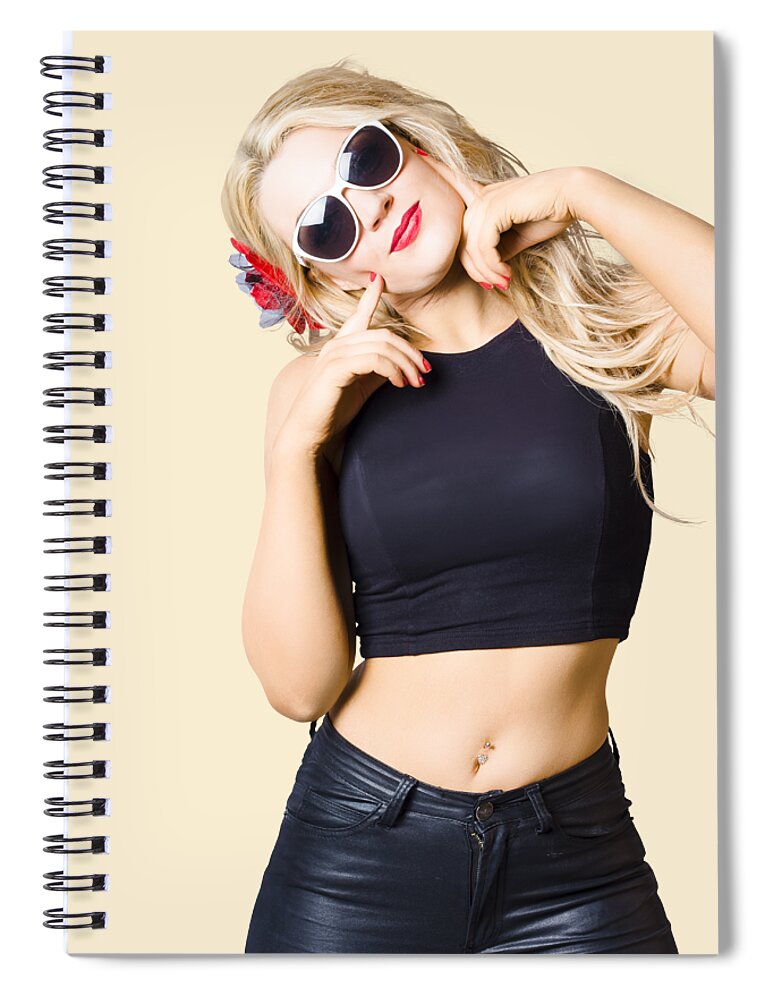 Girl Spiral Notebook featuring the photograph Surprised pinup woman isolated on studio backgrond by Jorgo Photography
