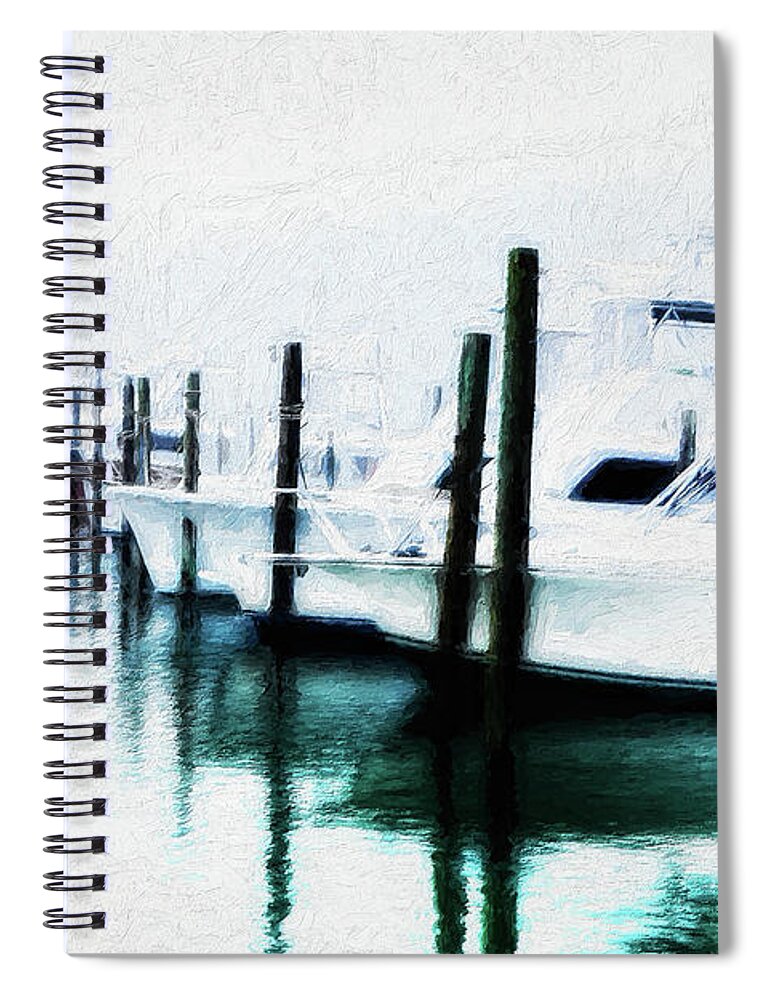 North Carolina Spiral Notebook featuring the photograph Surreal Fishing Boats in Outer Banks Marina ap by Dan Carmichael