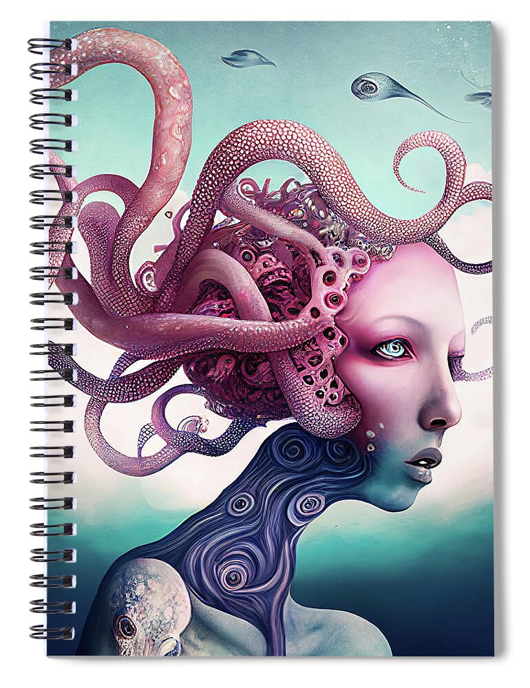 Octopus Spiral Notebook featuring the digital art Surreal Hybrid Creature 02 Octopus and Human by Matthias Hauser