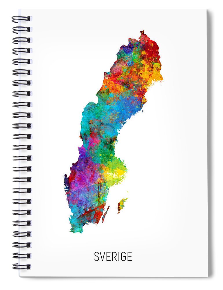 Sverige Spiral Notebook featuring the digital art Sverige Watercolor Map by Michael Tompsett