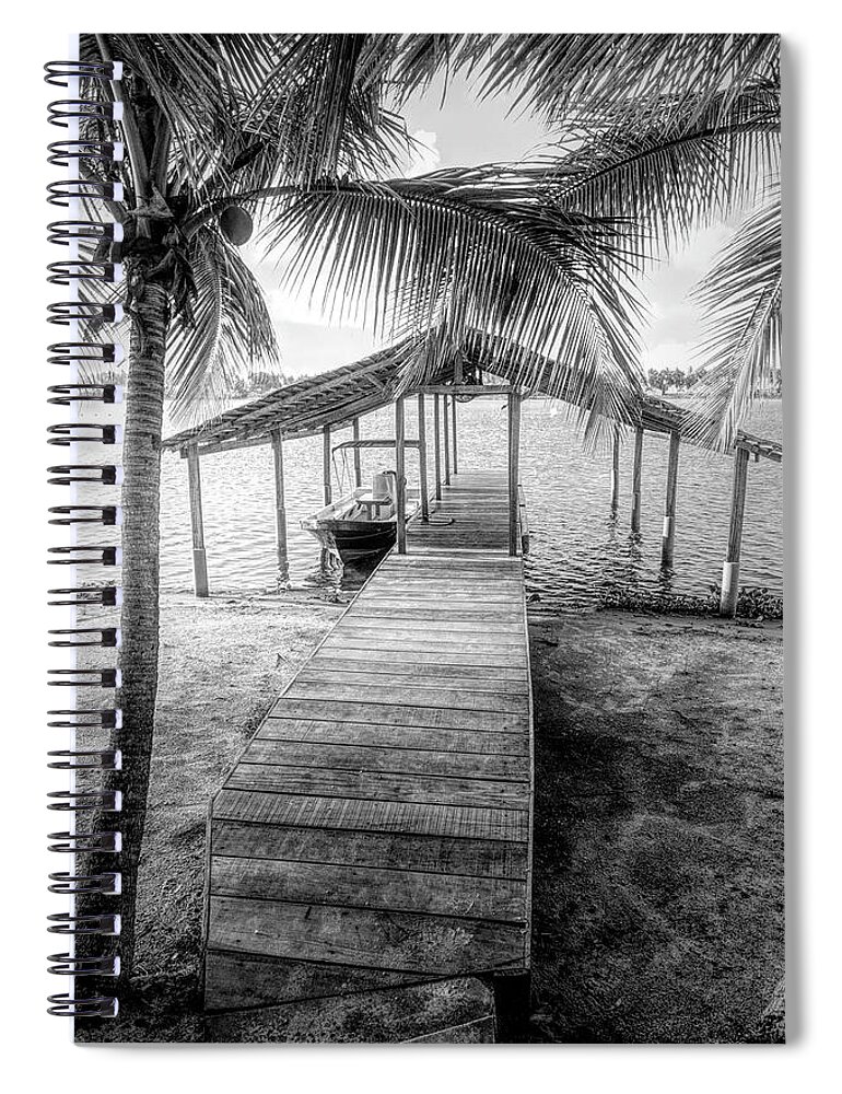 African Spiral Notebook featuring the photograph Swaying Palms Over the Dock in Black and White by Debra and Dave Vanderlaan