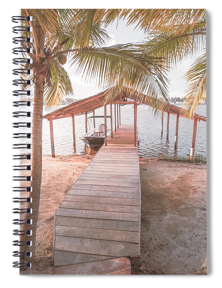 African Spiral Notebook featuring the photograph Swaying Palms Over the Dock in Pale Colors by Debra and Dave Vanderlaan