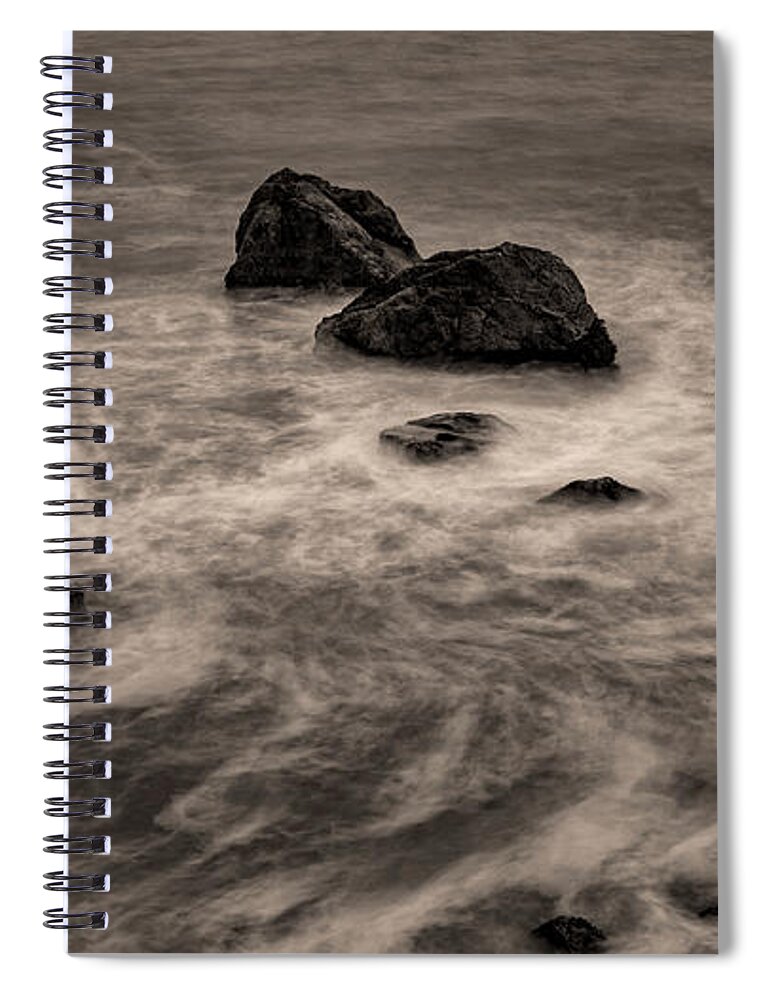Long Exposure Spiral Notebook featuring the photograph Swirling waters, long exposure by the sea by Alessandra RC