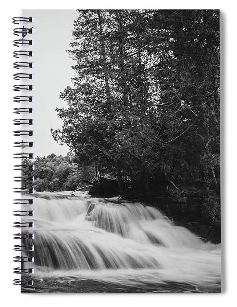 Tahquamenon Falls Black And White Lower Falls Spiral Notebook featuring the photograph Tahquamenon Falls Lower Black And White by Dan Sproul