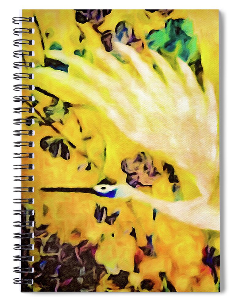 Crane Spiral Notebook featuring the digital art Taking Wing Above the Garden - Kimono Series by Susan Maxwell Schmidt