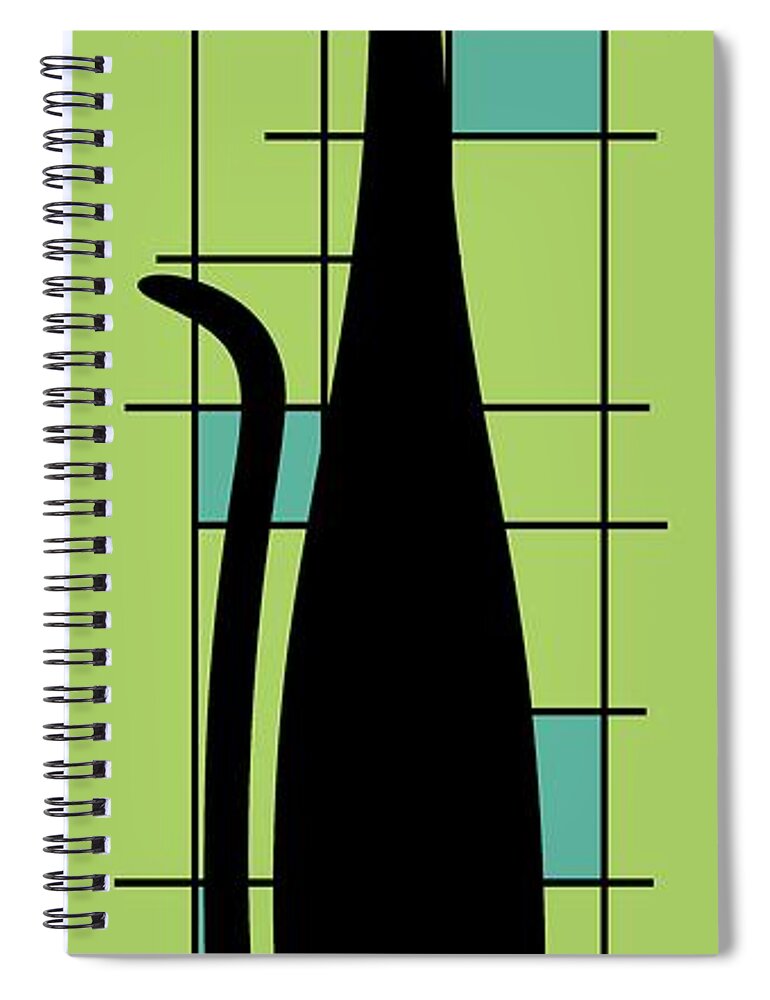 Mid Century Modern Cat Spiral Notebook featuring the digital art Tall Mondrian Cat on Green by Donna Mibus
